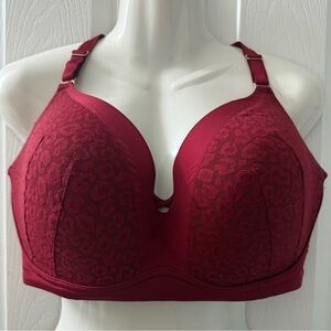 Torrid Curve 44DD Bra Wire Free Push Up Plunge Red Leopard Lace Mesh Back Smooth